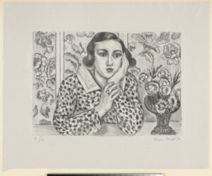 Girl Leaning on Elbows with Flowered Screen