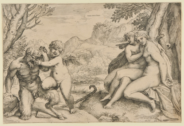 CUPID CONQUERING PAN IN PRESENCE OF TWO NYMPHS
