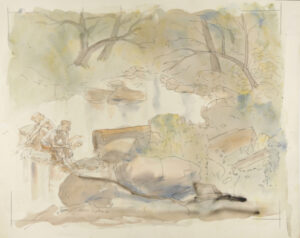 Landscape with a Girl and Boy Sitting on a Rock in a Stream