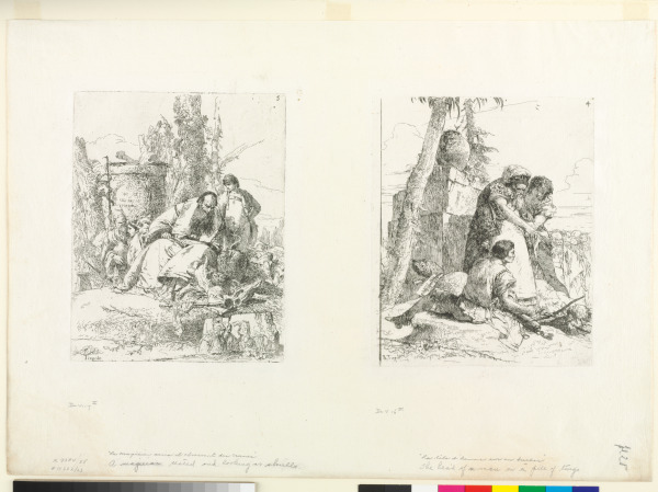 A MAGICIAN SEATED AND LOOKING AT SKULLS (LEFT); THE HEAD OF A MAN ON A PILE OF TWIGS (RIGHT)