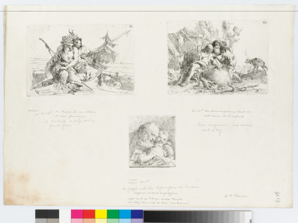 Bacchant, Satyr and Fauness (left); Two Magicians, One Seated, and a Boy (right); St. Joseph with the Infant Jesus in his Arms (lower)