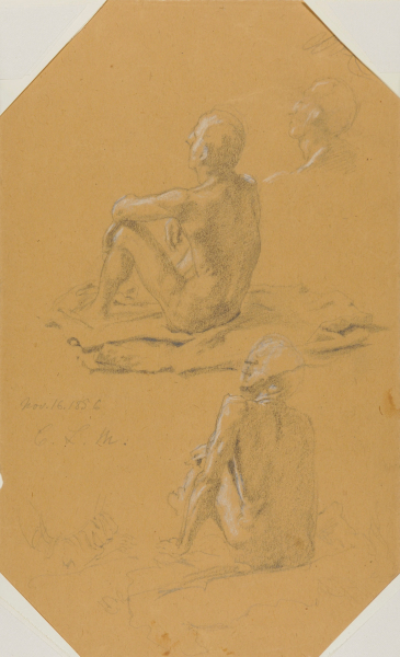 THREE VIEWS OF A SEATED NUDE MALE FROM THE BACK (RECTO); THREE ROBED FIGURES (VERSO)