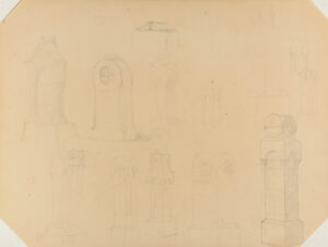 Recto: Various Sketches of Tombstones or Monuments; verso: Standing Man in Frock Coat with Walking Stick. From sketchbook ‘Finished Sketches’