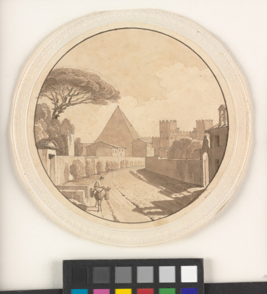 CIRCULAR VIEW WITH TOWN, STREET, AND PYRAMID