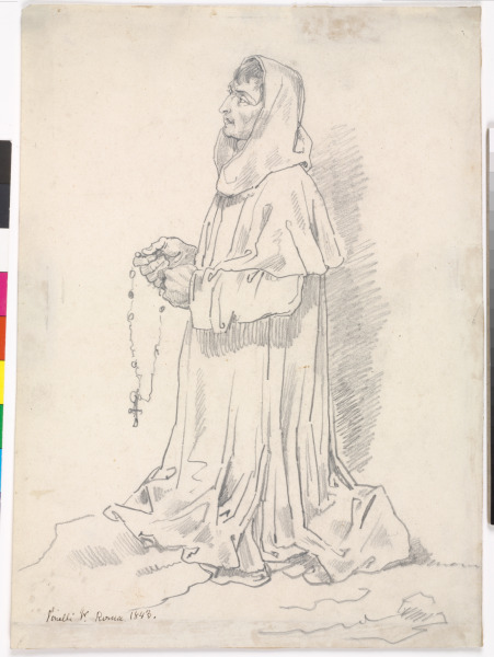 A PILGRIM KNEELING SAYING HIS ROSARY