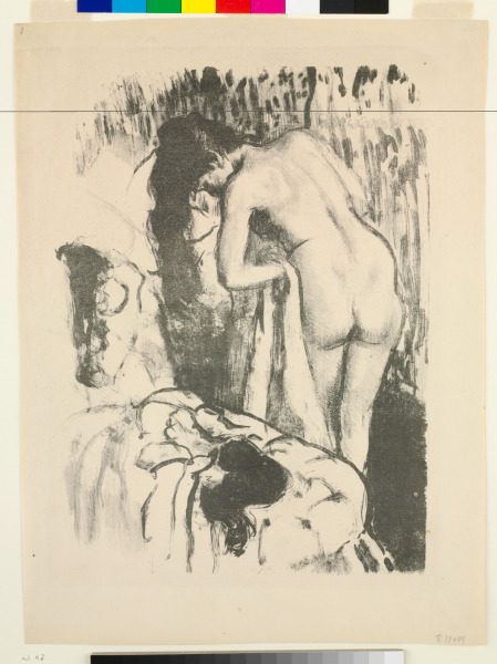 NUDE WOMAN STANDING, DRYING HERSELF