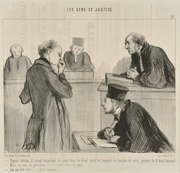 Voyons témoin il serait important de nous faire le détail exact et complet de l’emploi de votre journée du 12 Avril dernier?.. – Mais m’sieu le président il y a neuf mois de cela… – Ça ne fait rien…. dites toujours!… - Image 2