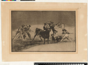 Palenque de los moros hecho con burros para defenderse del toro embolado (The Moors use Donkeys as a Barrier to defend themselves against the bull whose horns have been tipped with balls)