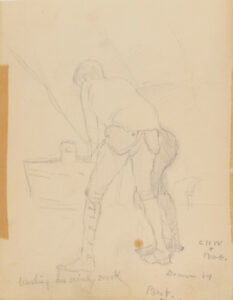 Sketch from a Camping Trip on the Lower Susquehanna in 1887 (sketch of two men washing clothes in wooden tub. Inscribed: ‘CHW & Bob Drawn by Bert/Washing his..?..’