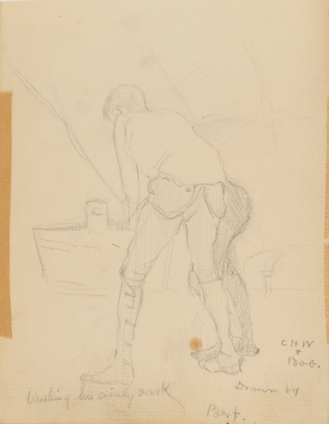 Sketch from a Camping Trip on the Lower Susquehanna in 1887 (sketch of two men washing clothes in wooden tub. Inscribed: ‘CHW & Bob Drawn by Bert/Washing his..?..’ - Image 4