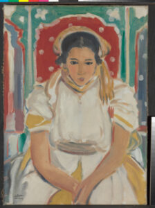 Girl in White Dress Seated in Red Chair