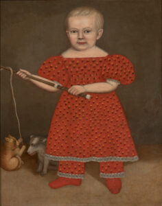 Child in Red Dress with Dog and Cat