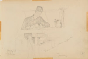 Sketch from a Camping Trip on the Lower Susquehanna in 1887 (study of a man seated at a table writing a letter. Inscribed: ‘Dear Pa – I take my pen/Tommy/Study in Contour’ Portrait of Thomas C. Corner