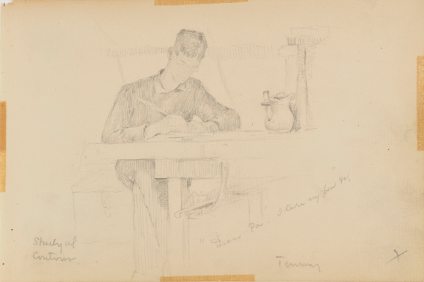 Sketch from a Camping Trip on the Lower Susquehanna in 1887 (study of a man seated at a table writing a letter. Inscribed: ‘Dear Pa – I take my pen/Tommy/Study in Contour’ Portrait of Thomas C. Corner - Image 4