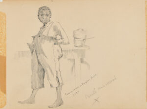 Sketch from a Camping Trip on the Lower Susquehanna in 1887 (full length study of a Negro boy in oversized pants). Inscribed: ‘putting himself in Zieglers’s place -7-29-7/Berts’ knickers’