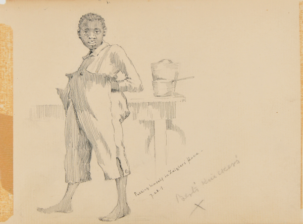 Sketch from a Camping Trip on the Lower Susquehanna in 1887 (full length study of a Negro boy in oversized pants). Inscribed: ‘putting himself in Zieglers’s place -7-29-7/Berts’ knickers’ - Image 4