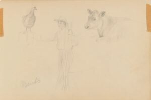 Sketch from a Camping Trip on the Lower Susquehanna in 1887 (sketch of a chicken, a man, and a cow). Inscribed: ‘Burts’