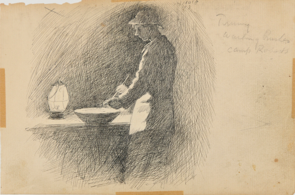 Sketch from a Camping Trip on the Lower Susquehanna in 1887 (study of a man standing washing brushes, by lantern light). Inscribed: ‘Tommy Washing Brushes Camp Roberts.’ - Image 4