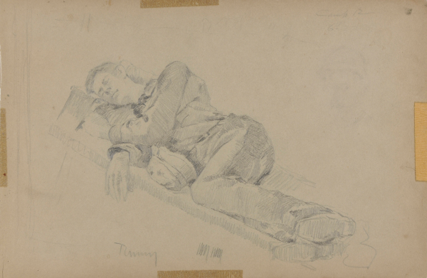SKETCH FROM A CAMPING TRIP ON THE LOWER SUSQUEHANNA IN 1887 (STUDY OF A MAN SLEEPING ON A COT). INSCRIBED: 'CAMP R 6-22/TOMMY.'