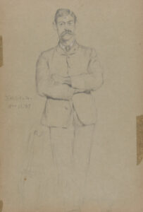 Sketch from a Camping Trip on the Lower Susquehanna in 1887 (3/4 length portrait of a man, standing with arms folded). Inscribed: ‘Harris Sr -/Nov. 11 – ’87.’