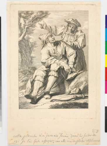 MAN SEATED, WITH FIGURE BEHIND HIM POINTING TO THE LEFT