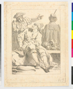 Man Seated on a Ledge, with a Figure Pointing to the Right