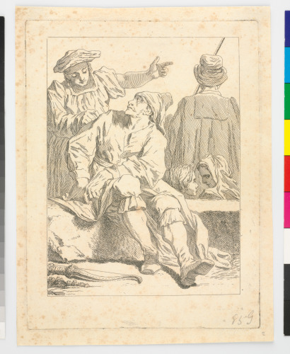 MAN SEATED ON A LEDGE, WITH A FIGURE POINTING TO THE RIGHT