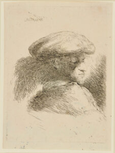 Man, Wearing Feather-Trimmed Cap, Turned to Right