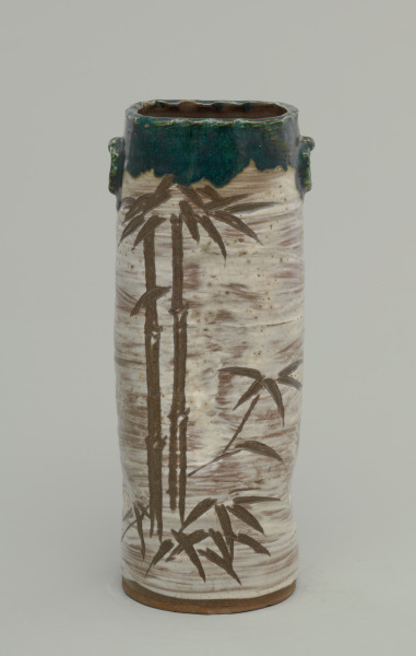 Oribe-Style Tall Vase with Bamboo Decoration