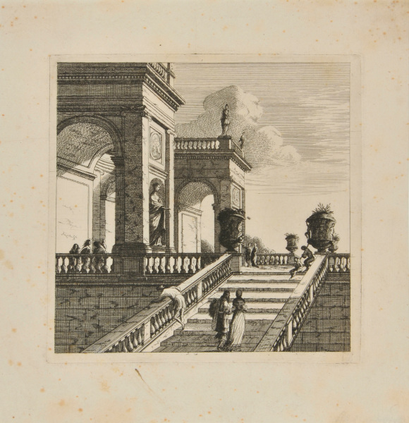 ITALIAN PALACE WITH MAN AND WOMAN GOING UP STAIRS TO TERRACE