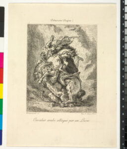 Cavalier arabe attaqué par un lion