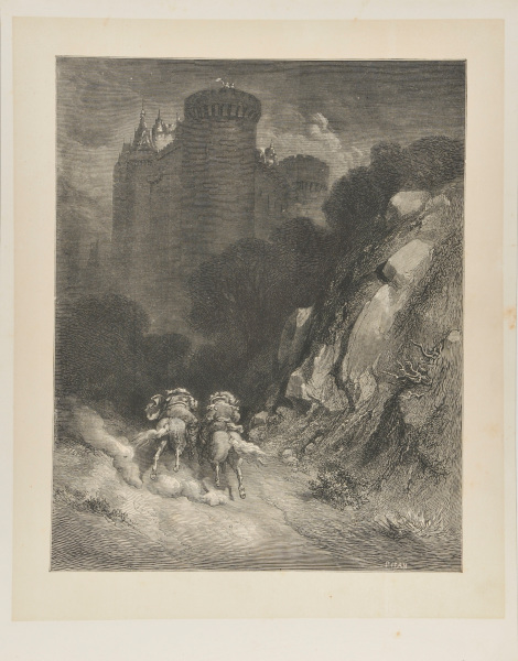 Two Men Riding Towards a Castle