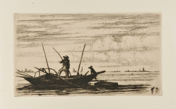 FISHERMAN IN A BOAT WITH HIS DOG