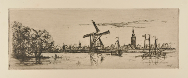 WINDMILL AND VILLAGE WITH BULB-SHAPED STEEPLE