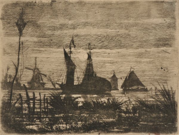 LANDSCAPE WITH BOATS AND WINDMILL BY MOONLIGHT
