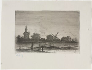 Landscape with bridge in foreground and windmills in background