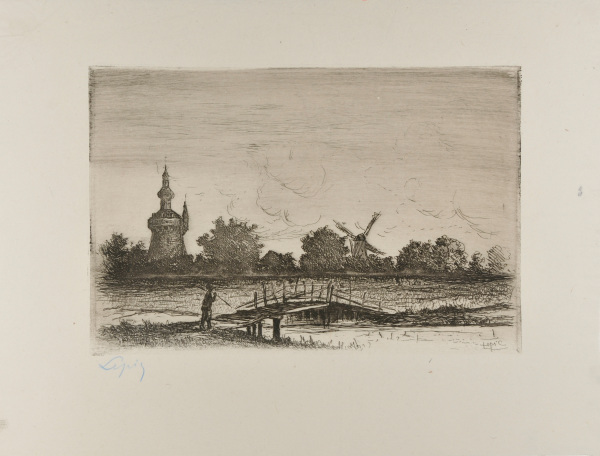 Landscape with bridge in foreground and windmills in background - Image 2