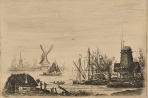 Rivière avec barques, moulins et bois