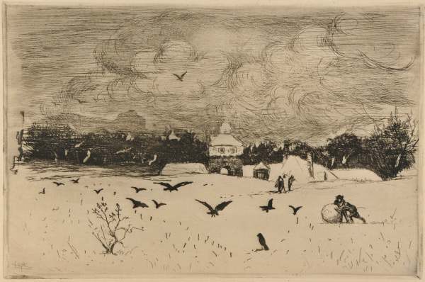 Paysage de neige aux corbeaux, deux personnages roulent une boule de neige