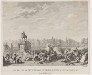 Les bustes de Mrs. d’Orléans et Necker portés à la Place Louis XV le 12 Juillet 1789