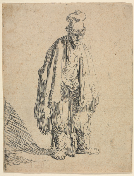 BEGGAR IN A HIGH CAP, STANDING AND LEANING ON A STICK