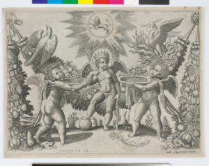Two Putti Presenting Cups Full of Gold to the God of Riches