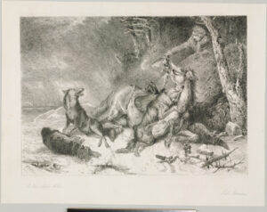 Horse and Rider Attacked by Wolves in a Snowstorm