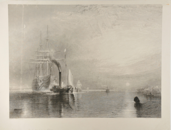 Ships on a river, with sun and moon