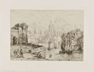 Quai of a small town harbor with fortress to the left