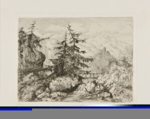 Landscape with pine trees near a bridge over a river and a castle in the background