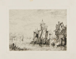 Ships docked at a village pier