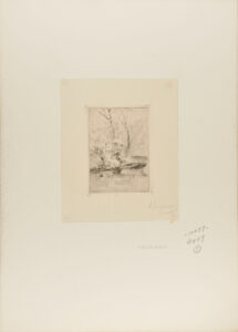 Figure holding an umbrella, sitting by the river