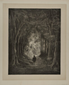Boy Approaching a Stairway in an Alley of Trees