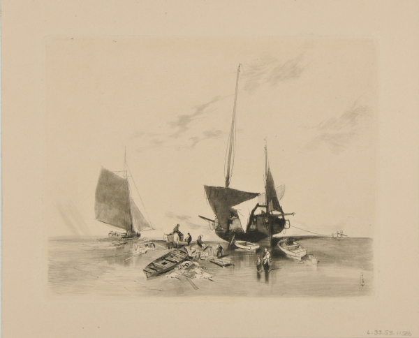 TWO SAILBOATS ON THE SAND WITH THREE DINGHYS